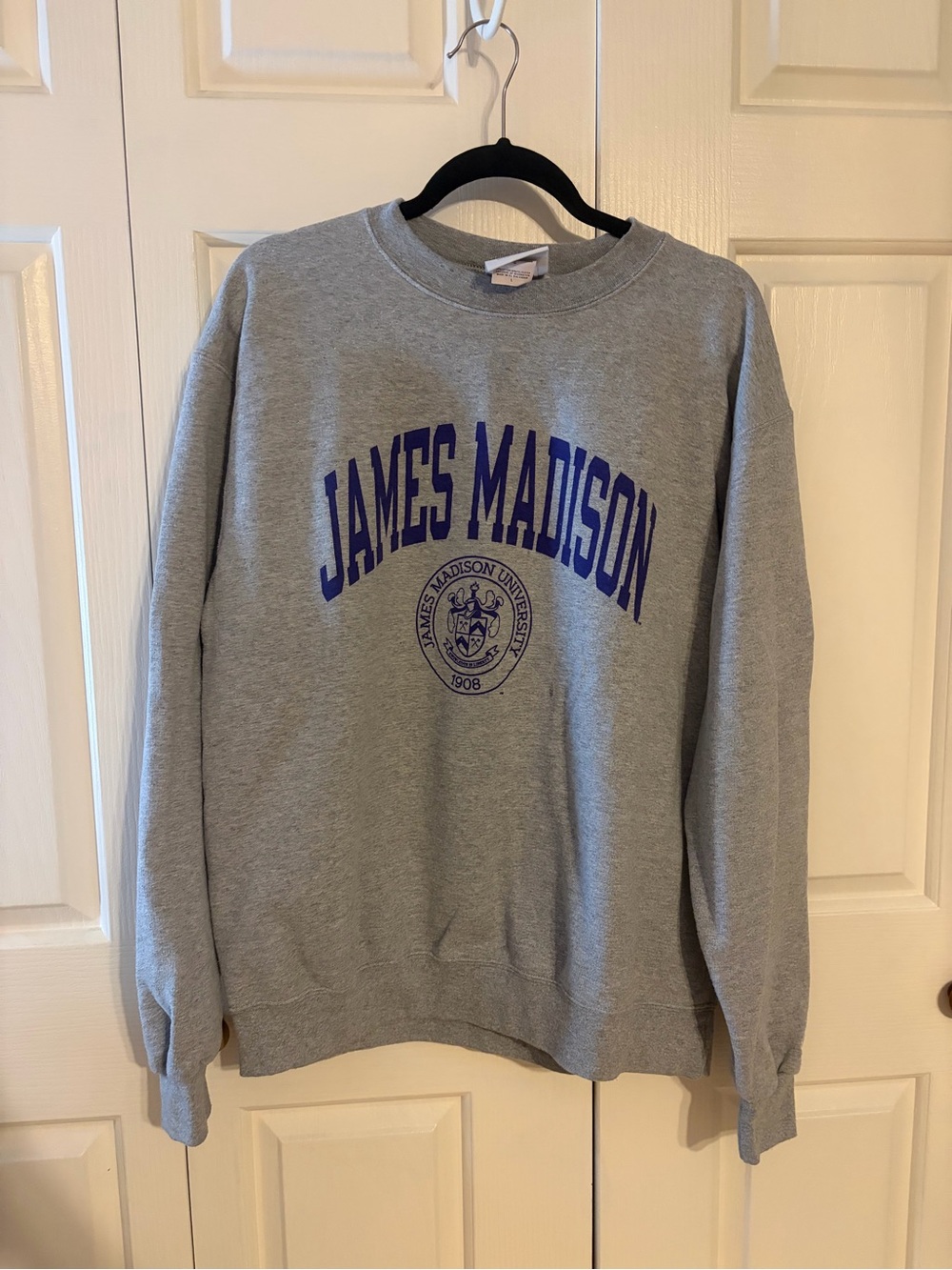 Champion Gray Crewneck Sweatshirt with Purple James Madison Logo